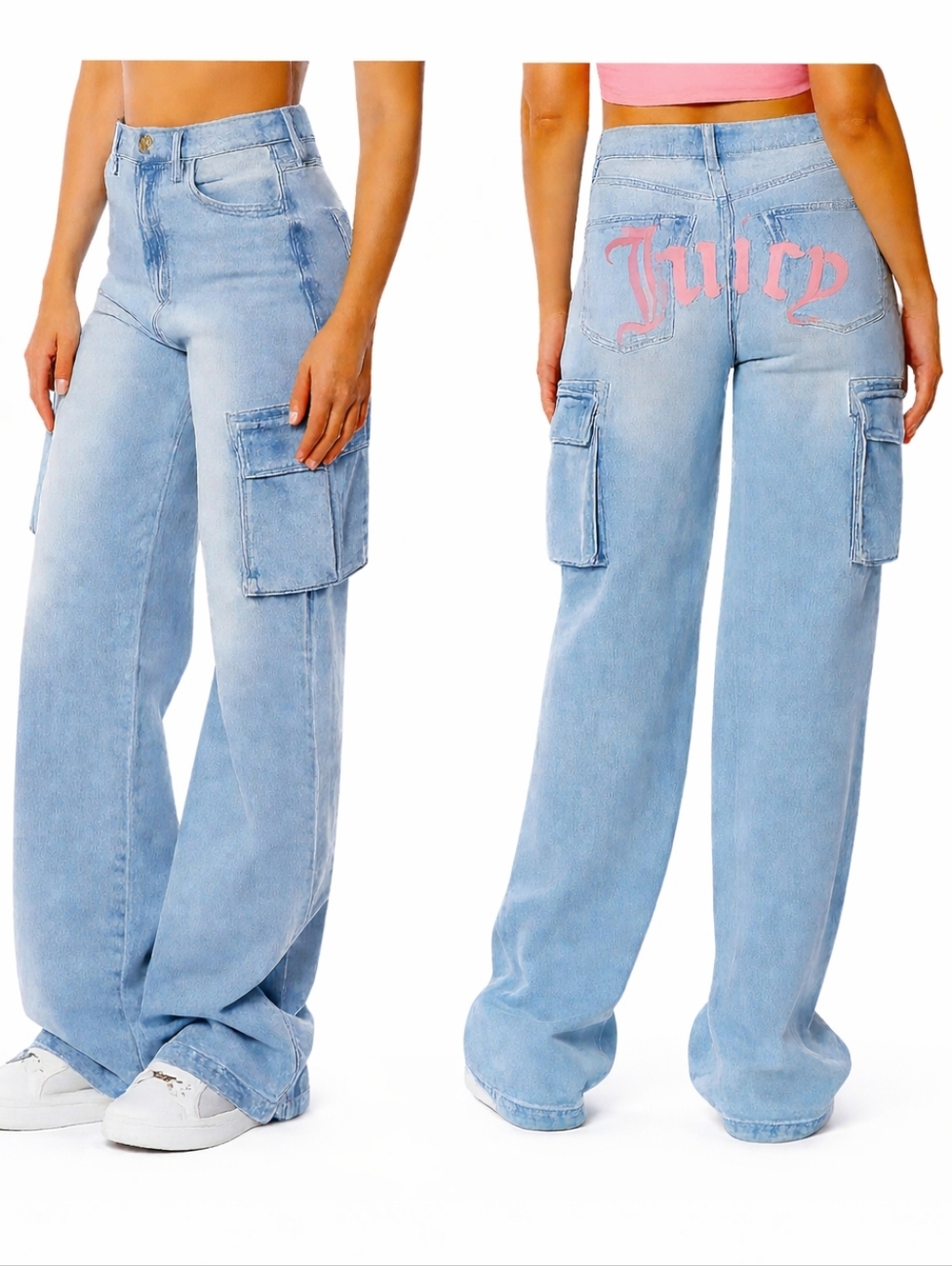 Juicy Couture Y2K Wide Leg Cargo Jeans Logo Back Pink Size 9/29